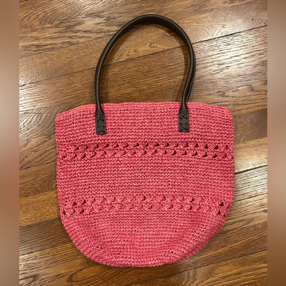 Woven Pink Tote Bag with Dark Handles
